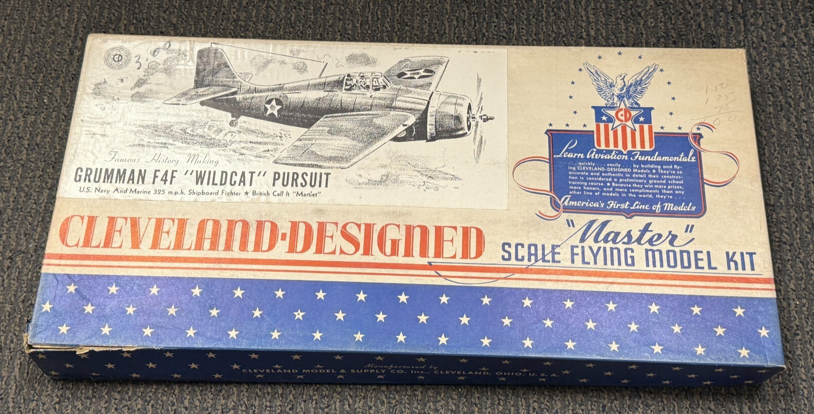 New in Box Vintage Cleveland Gruman F4F Wildcat Balsa Wood Model Airplane Kit