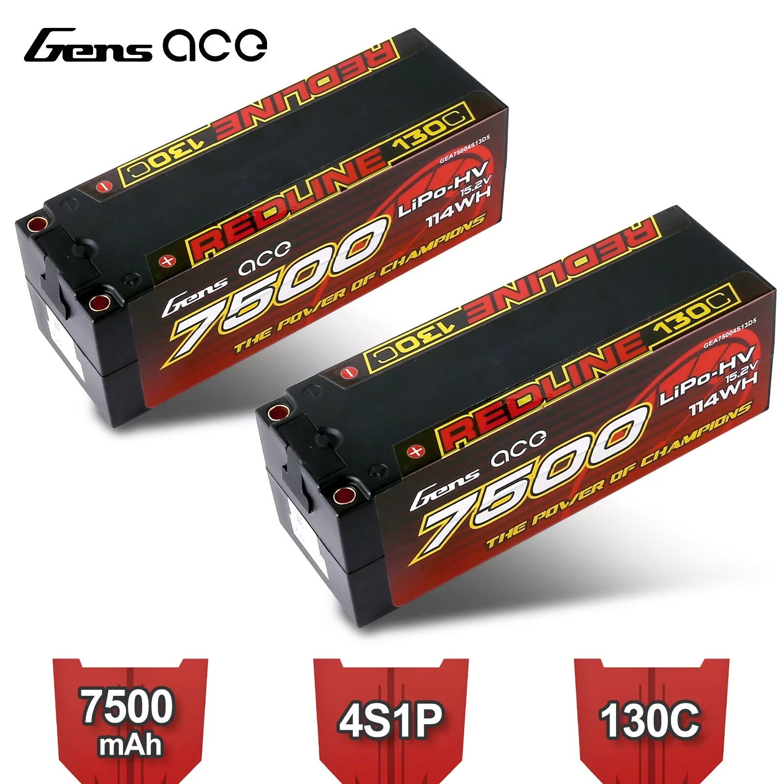 2x Gens Ace 7500mAh 4S HardCase 130C 15.2V Lipo RC Car Truck Battery w/ Deans 