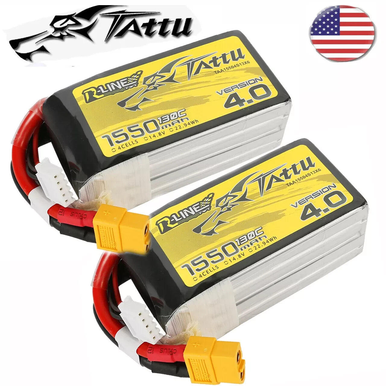 2x Tattu R-Line Version 4.0 1550mAh 14.8V 130C 4S Lipo Battery Pack W/ XT60 Plug