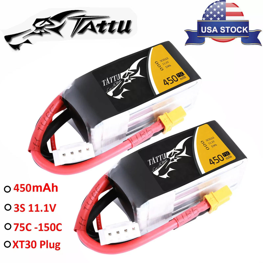 2x Tattu 3S 450mAh 75C 11.1V Lipo RC Airplane / Drone Battery Pack w/ XT30 Plug