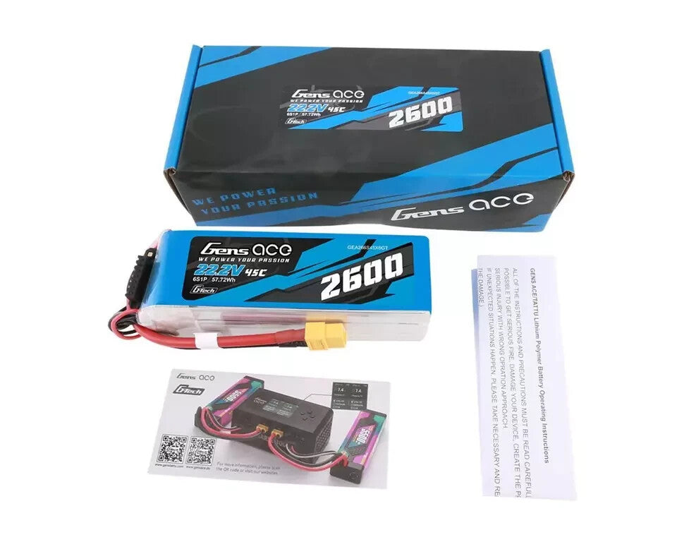 Gens Ace G-Tech GTech GTec Smart 6S LiPo Battery 45C 22.2V 2600mAh GEA266S45X6GT