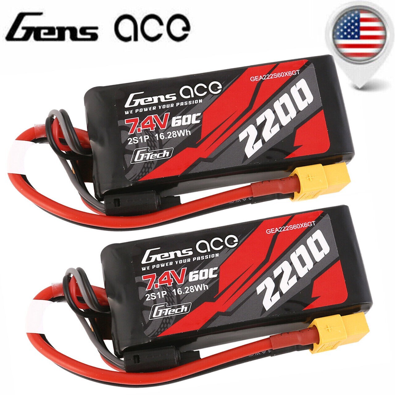 2x Gens Ace G-Tech 60C 7.4V 2200mAh 2S Lipo Battery XT60 For Traxxas 1/16 E-Revo