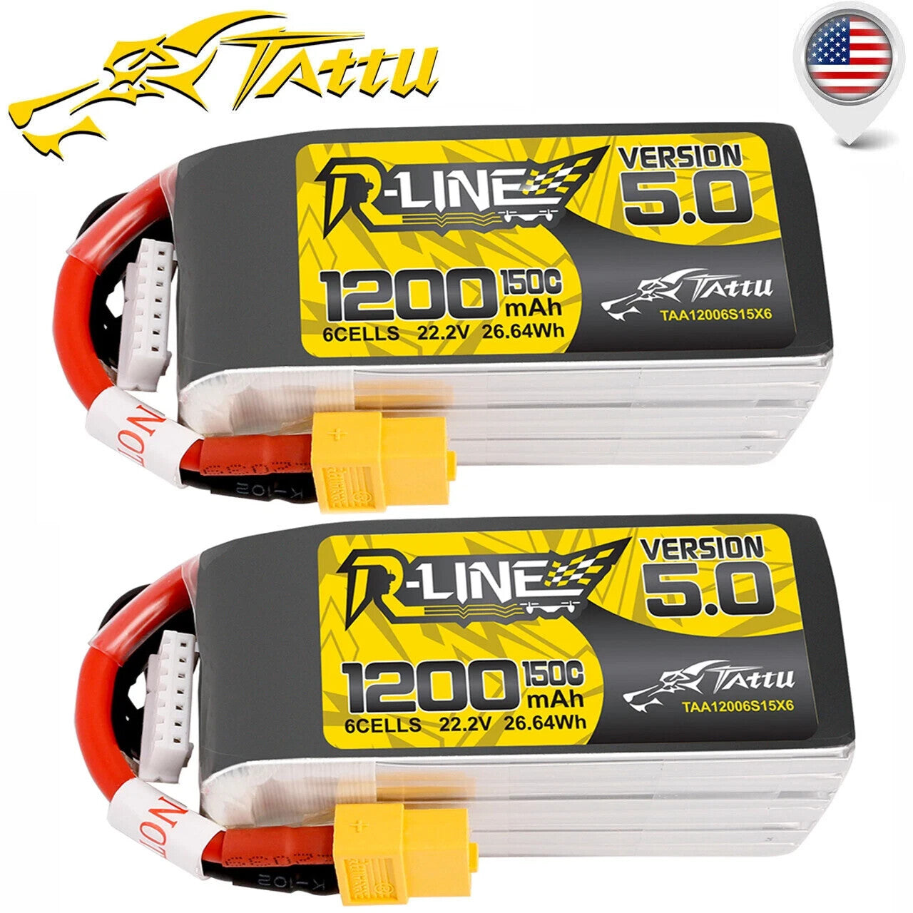 2x Tattu R-Line Version 5.0 1200mAh 6S 150C 22.2V Lipo Battery Pack w/ XT60 Plug