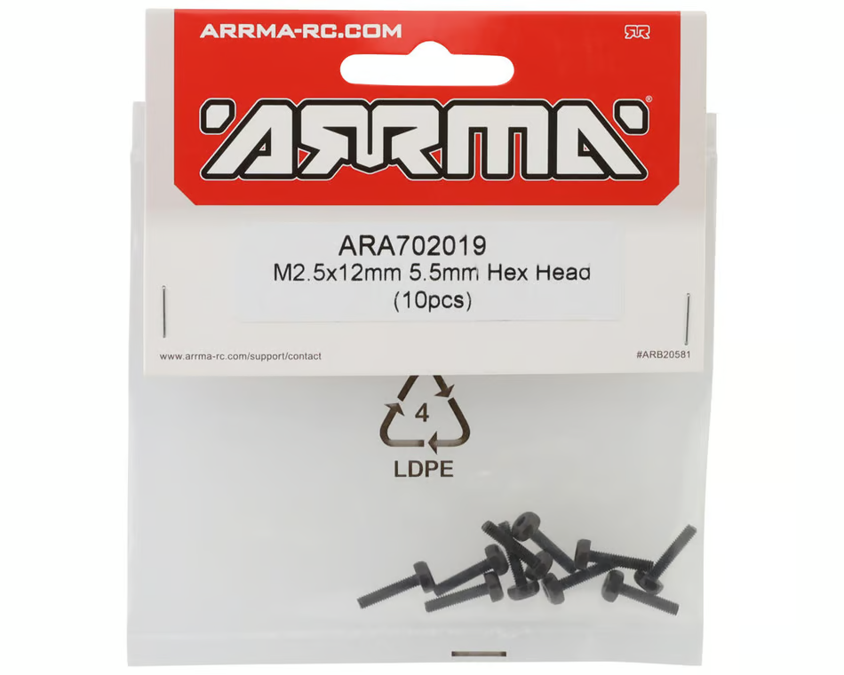 Arrma 702019 M2.5x12mm 5.5mm Hex Head Screw 10 pieces Granite Typhon Mojave GROM