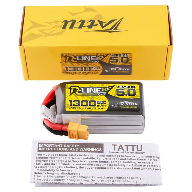 4x Tattu R-Line Version 5.0 1300mAh 4S 14.8V 150C Lipo Battery Pack w/ XT60 Plug
