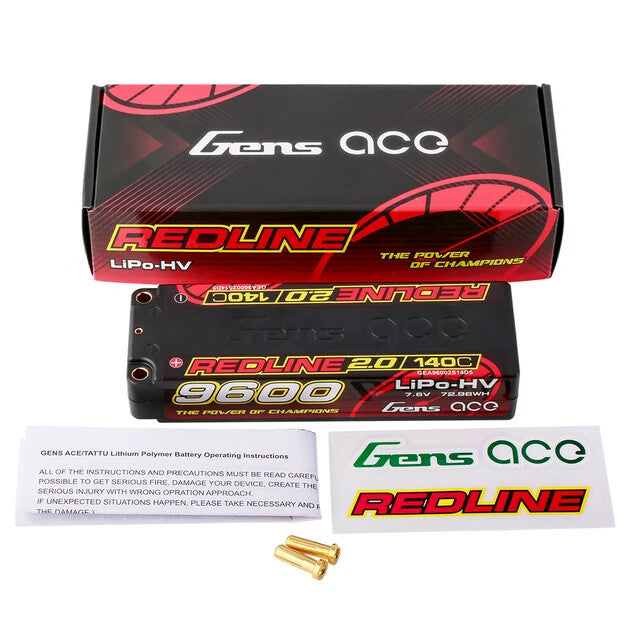 Gens Ace 9600mAh 2S 7.6V 140C HardCase Redline 2.0 Lipo Battery 5mm Bullet