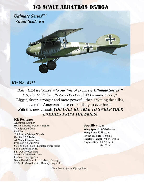 Balsa USA 1/3 Scale Albatros D5/D5A Remote Control Balsa Wood Airplane Kit #433