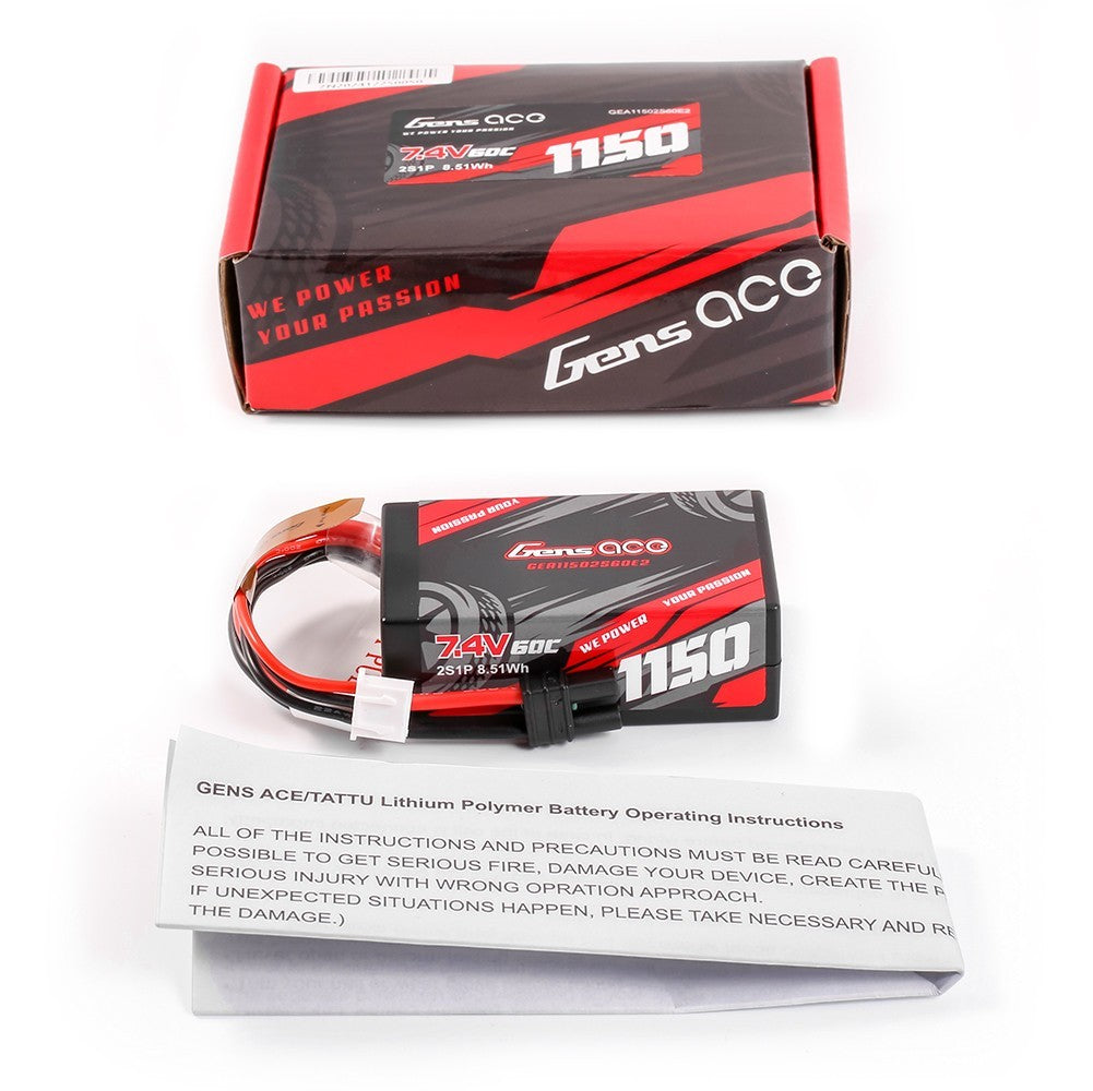 4x Gens Ace G-Tech 1150mAh 2S 60C 7.4V HardCase Lipo Battery with IC2 Plug