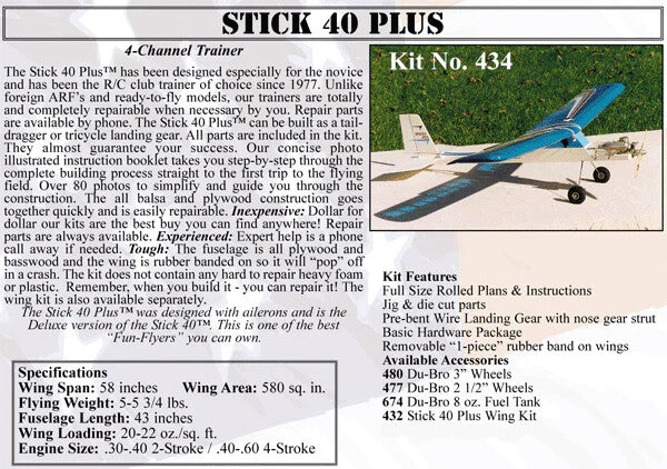 Balsa USA Stick 40 Plus RC Remote Control Balsa Wood Airplane Kit #434
