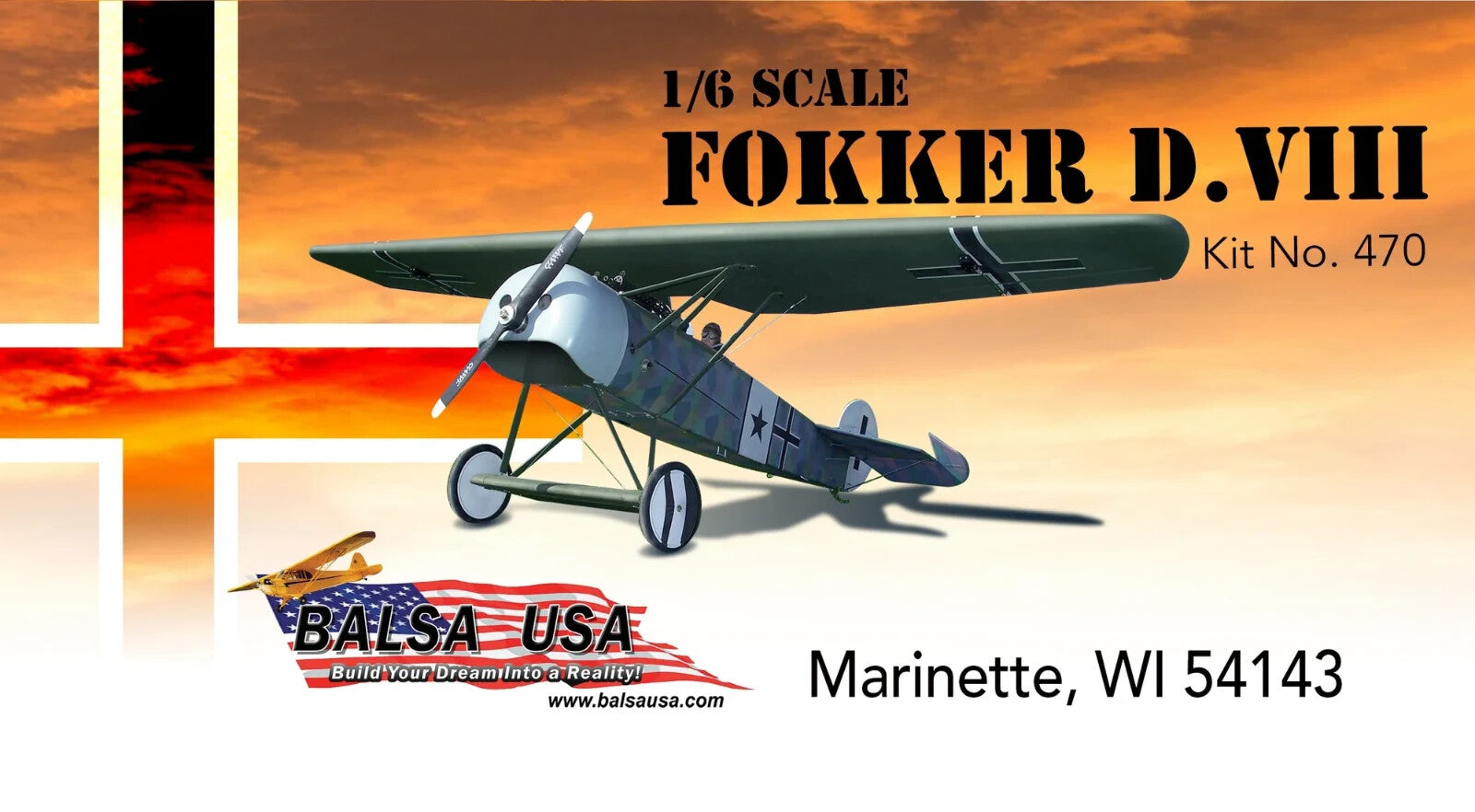 Balsa USA 1/6 Scale Fokker D-VIII Remote Control Balsa Wood Airplane Kit #470
