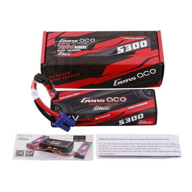 2x Gens Ace 5300mAh 2S 100C 7.4V HardCase G-Tech GTec Lipo Battery w/ EC5 Plug