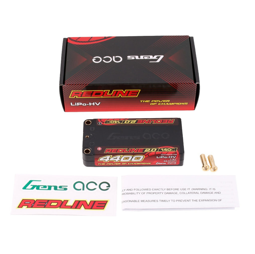 2x Gens ace 4400mAh 2S 140C 7.6V HardCase HV Shorty Redline 2.0 Lipo Battery