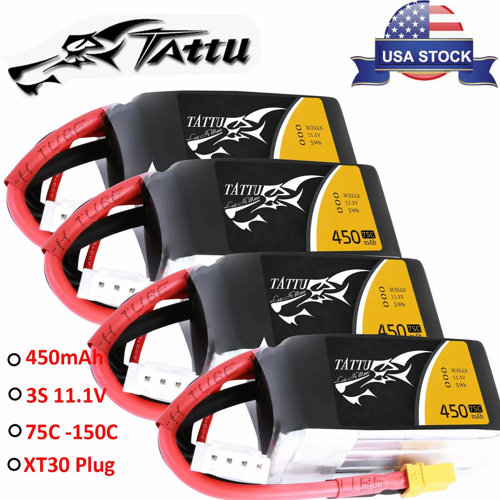 2x Tattu 3S 450mAh 75C 11.1V Lipo RC Airplane / Drone Battery Pack w/ XT30 Plug