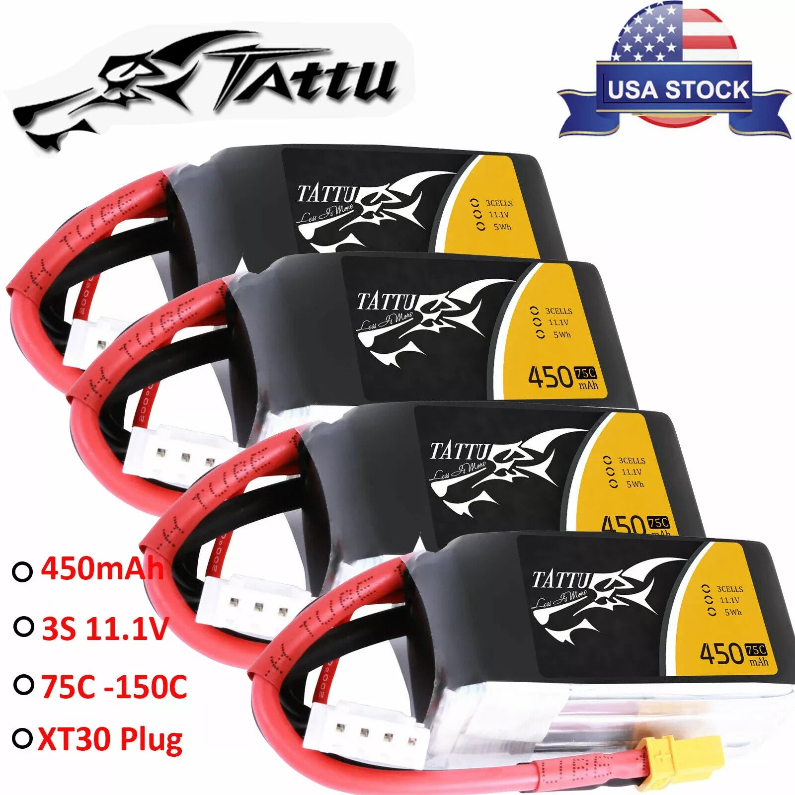 2x Tattu 3S 450mAh 75C 11.1V Lipo RC Airplane / Drone Battery Pack w/ XT30 Plug