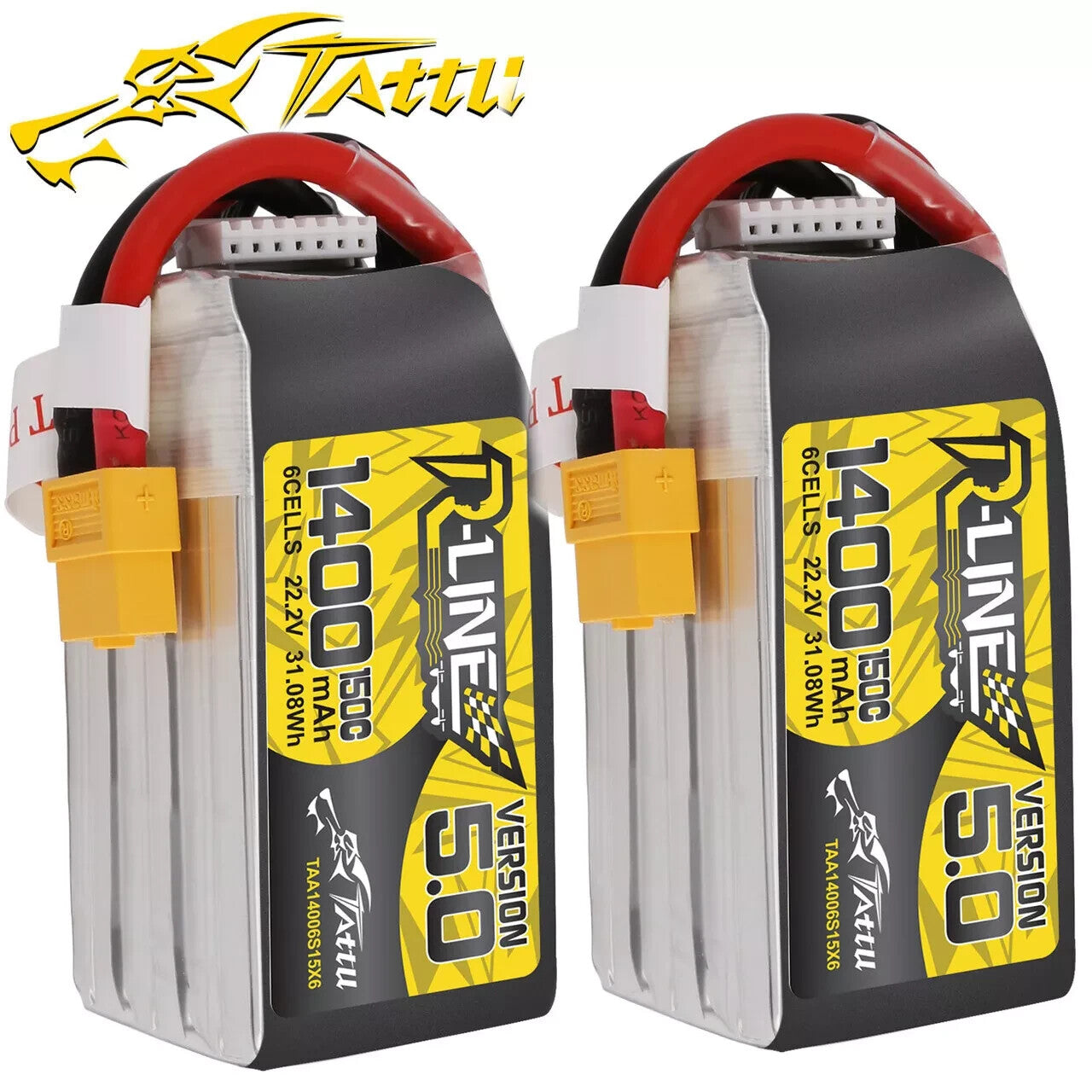 2x Tattu R-Line Version 5.0 1400mAh 6S 150C 22.2V Lipo Battery Pack XT60 Plug