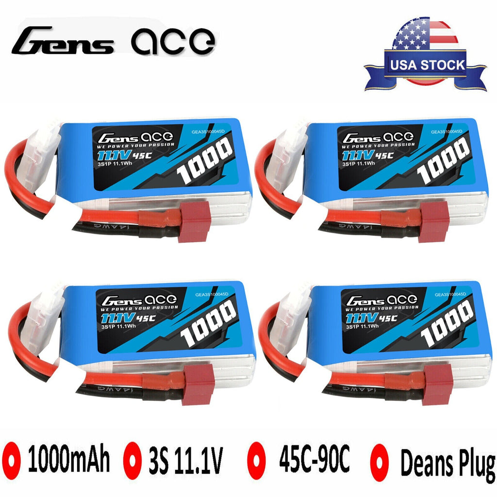 4x Gens Ace 11.1V 3S 1000mAh 45C Lipo RC Remote Control Battery Pack Deans Plug