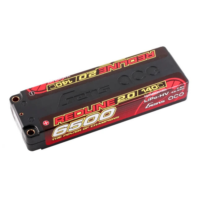 2xGens Ace 6500mAh 2S 7.6V 140C HardCase  Redline 2.0 Lipo Battery w/ 5mm Bullet