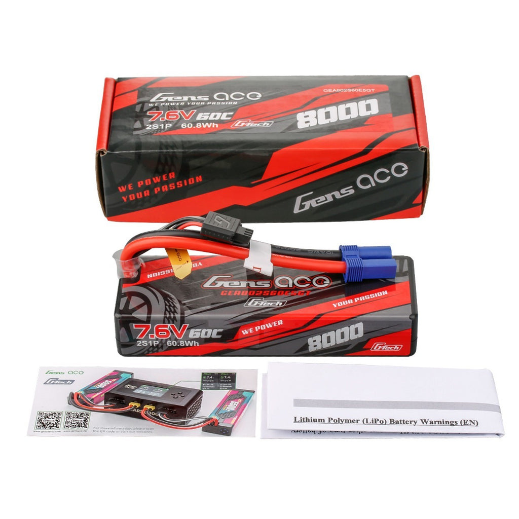 2x Gens ace GTech 8000mAh 7.6V 2S 60C HardCase Lipo Battery Pack with EC5 Plug