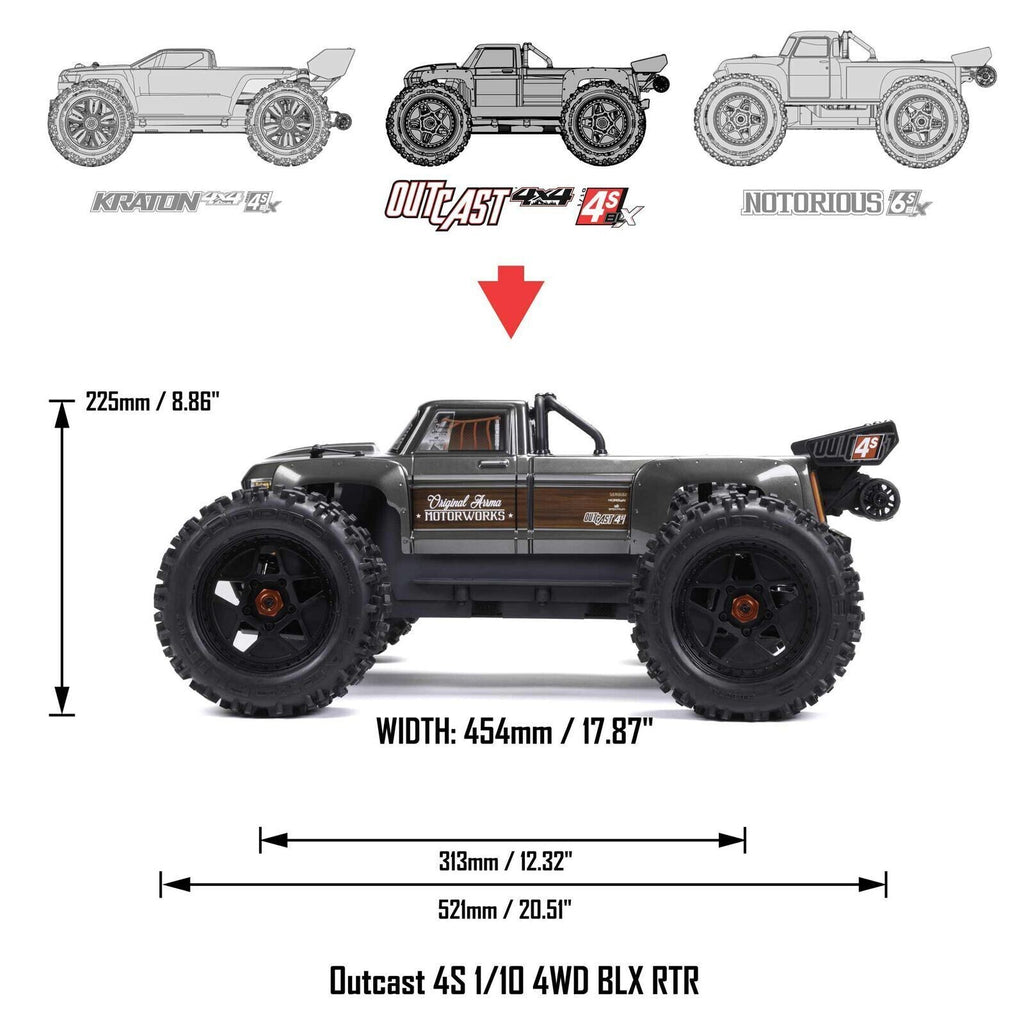 Arrma Outcast 4S V2 BLX Brushless RTR 1/10 Scale Stunt Truck Grey ARA4410V2T3