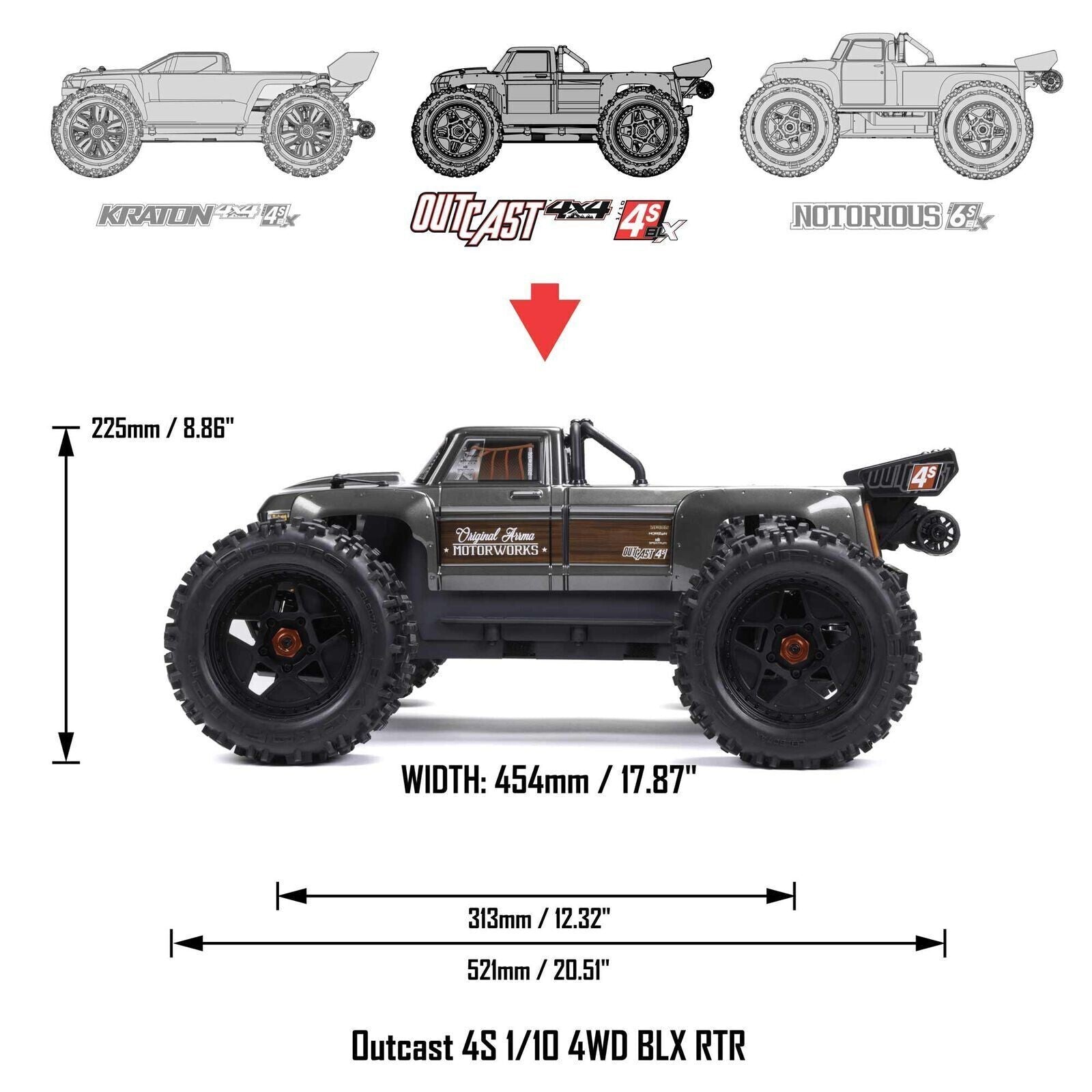 Arrma Outcast 4S V2 BLX Brushless RTR 1/10 Scale Stunt Truck Grey ARA4410V2T3