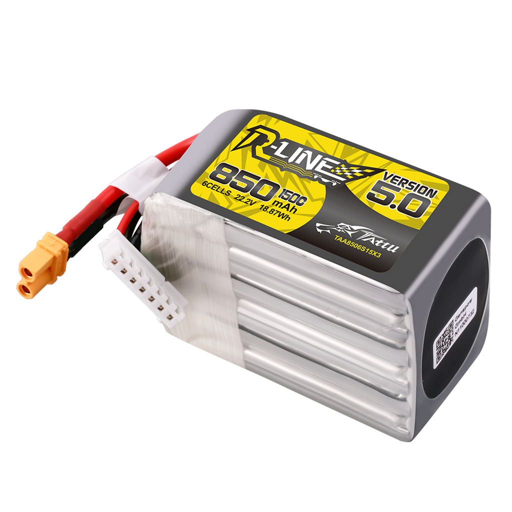2x Tattu R-Line Version 5.0 850mAh 6S 22.2V 150C Lipo Battery Pack w/ XT30U Plug