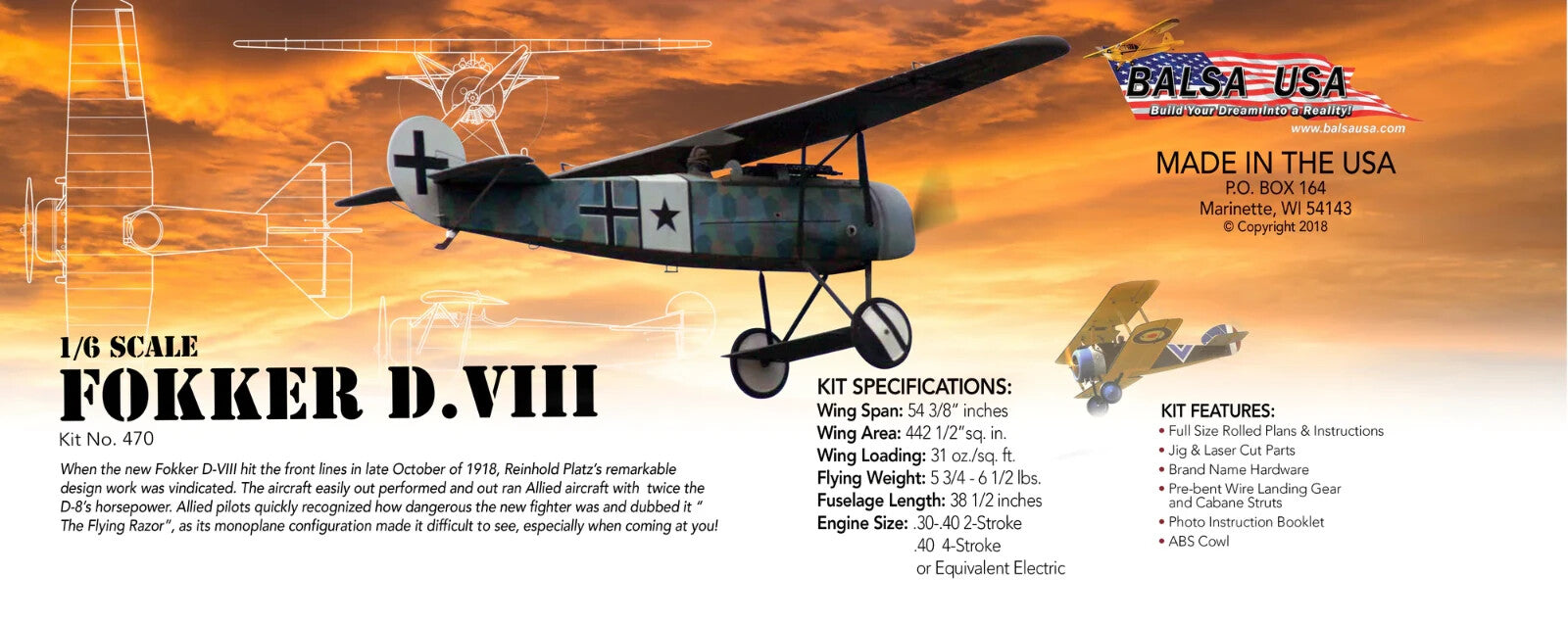 Balsa USA 1/6 Scale Fokker D-VIII Remote Control Balsa Wood Airplane Kit #470
