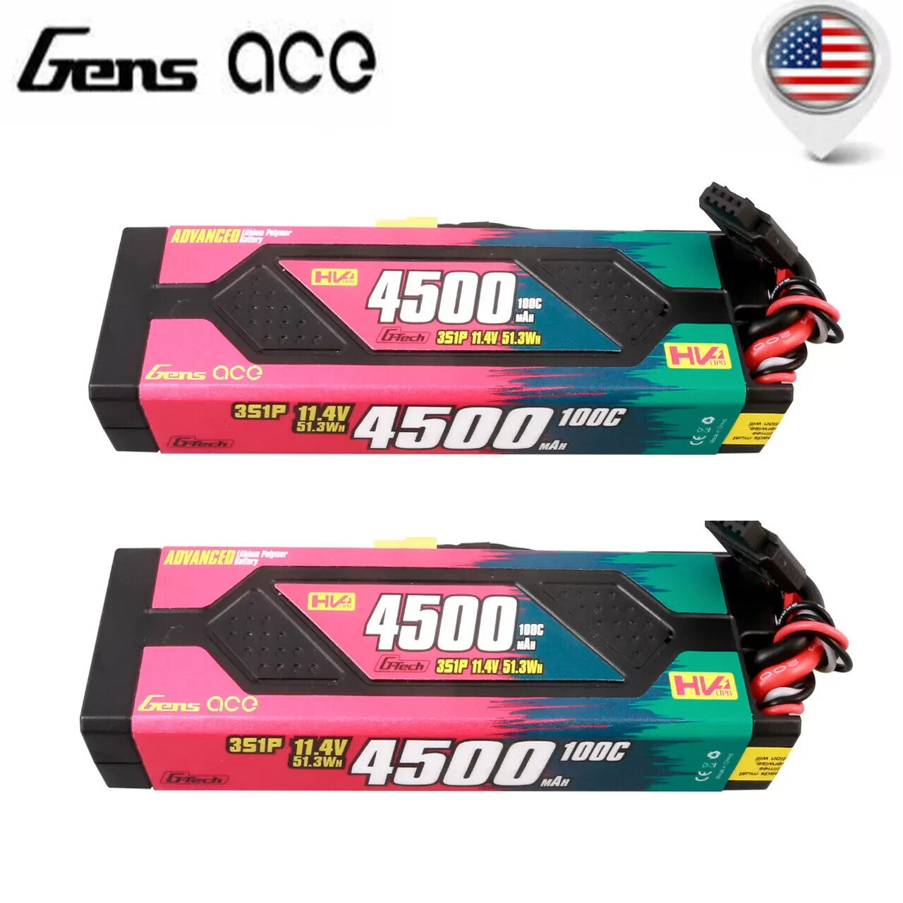 2x Gens ace 4500mAh 3S 100C 11.4V HardCase GTech Advanced Lipo Battery Pack XT60
