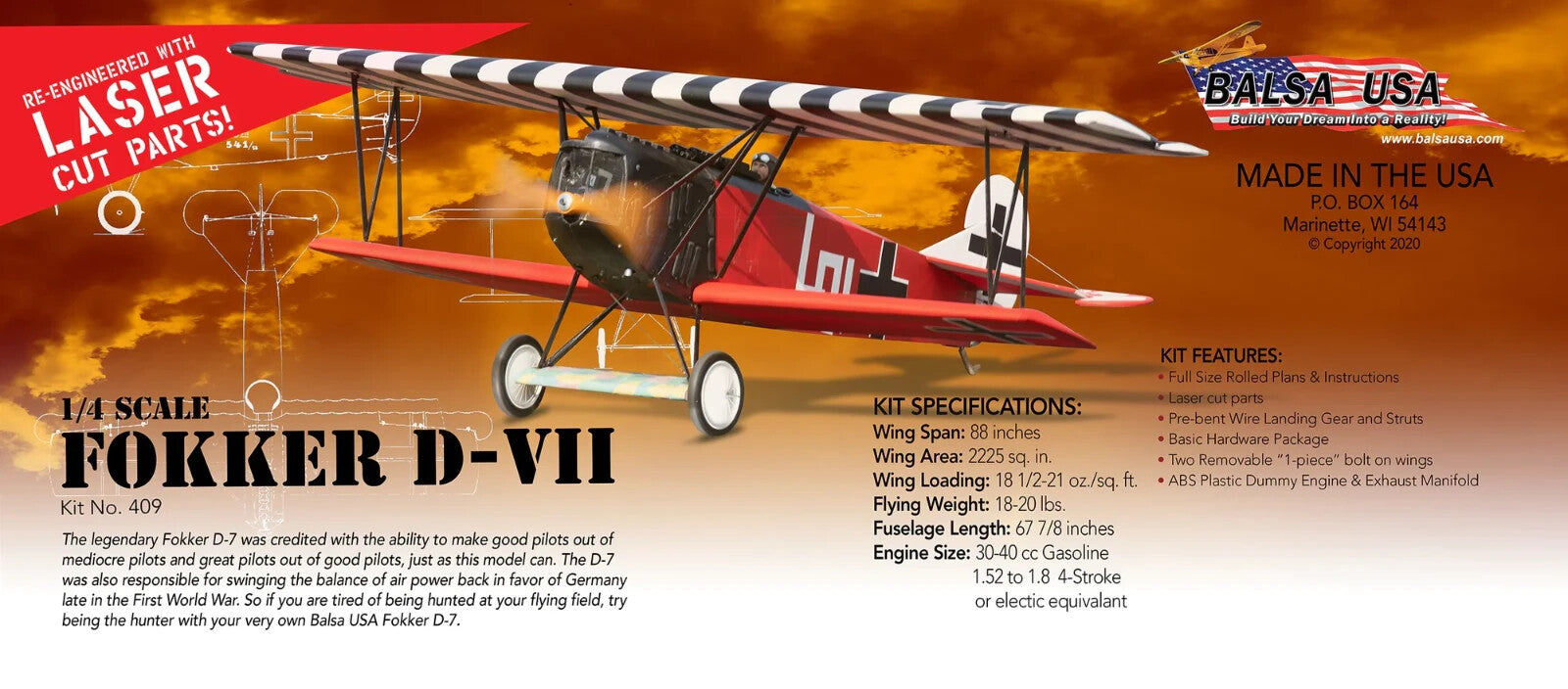 Balsa USA 1/4 Scale Fokker D7 Remote Control Balsa Wood Airplane Kit #409