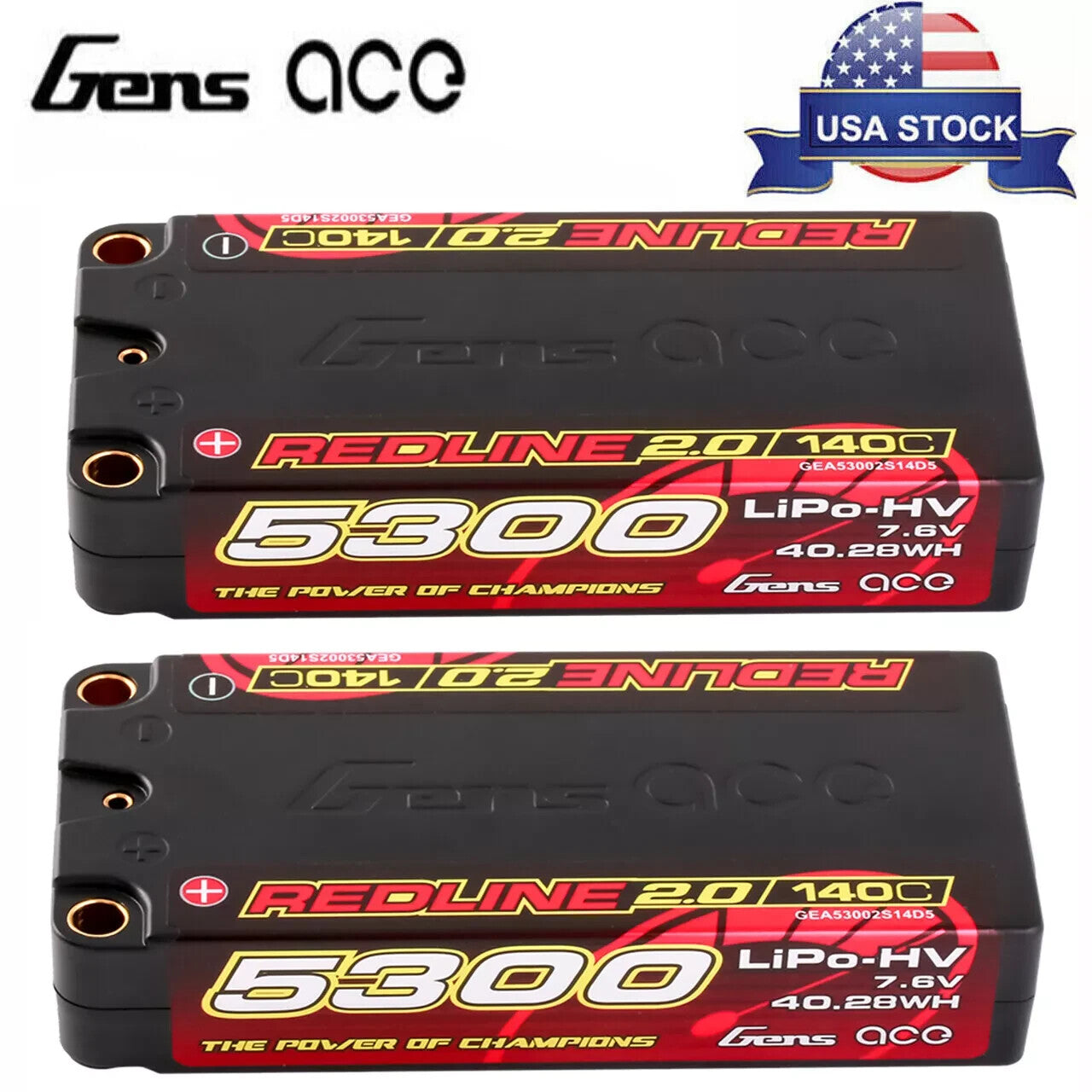 2x Gens Ace Redline 5300mAh 7.6V 140C 2S Lipo Battery HardCase HV Shorty :RC Car