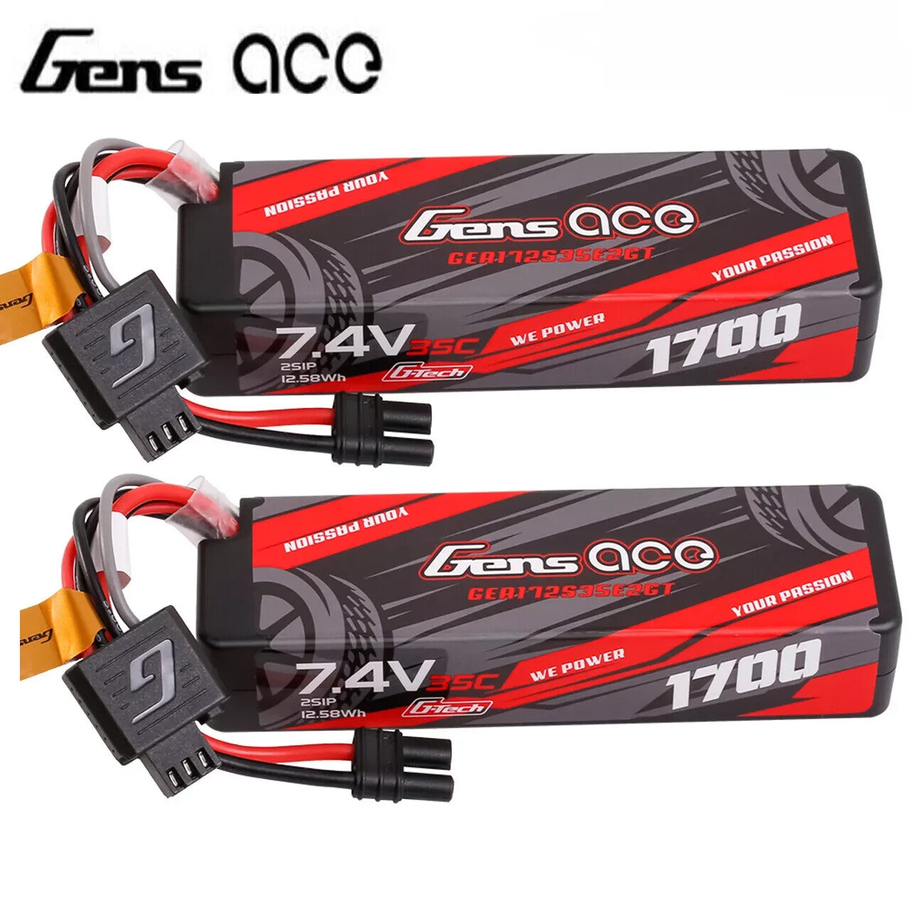 2x Gens Ace 1700mAh 2S 35C 7.4V GTech Hardcase Lipo Battery IC2 Plug ARRMA GROM