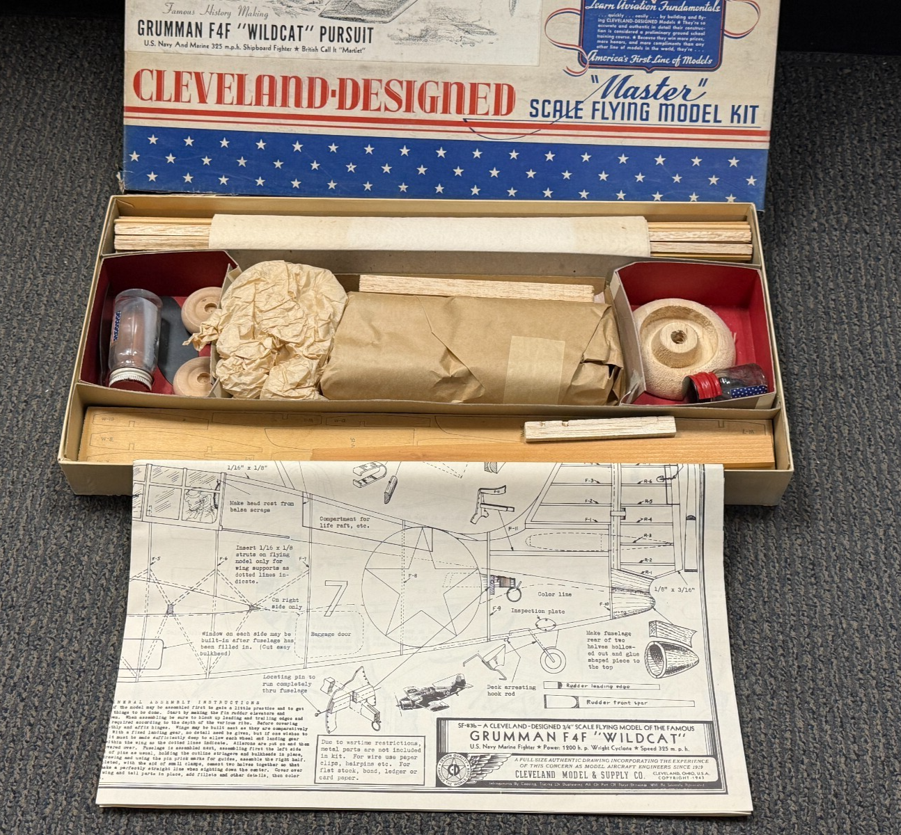 New in Box Vintage Cleveland Gruman F4F Wildcat Balsa Wood Model Airplane Kit