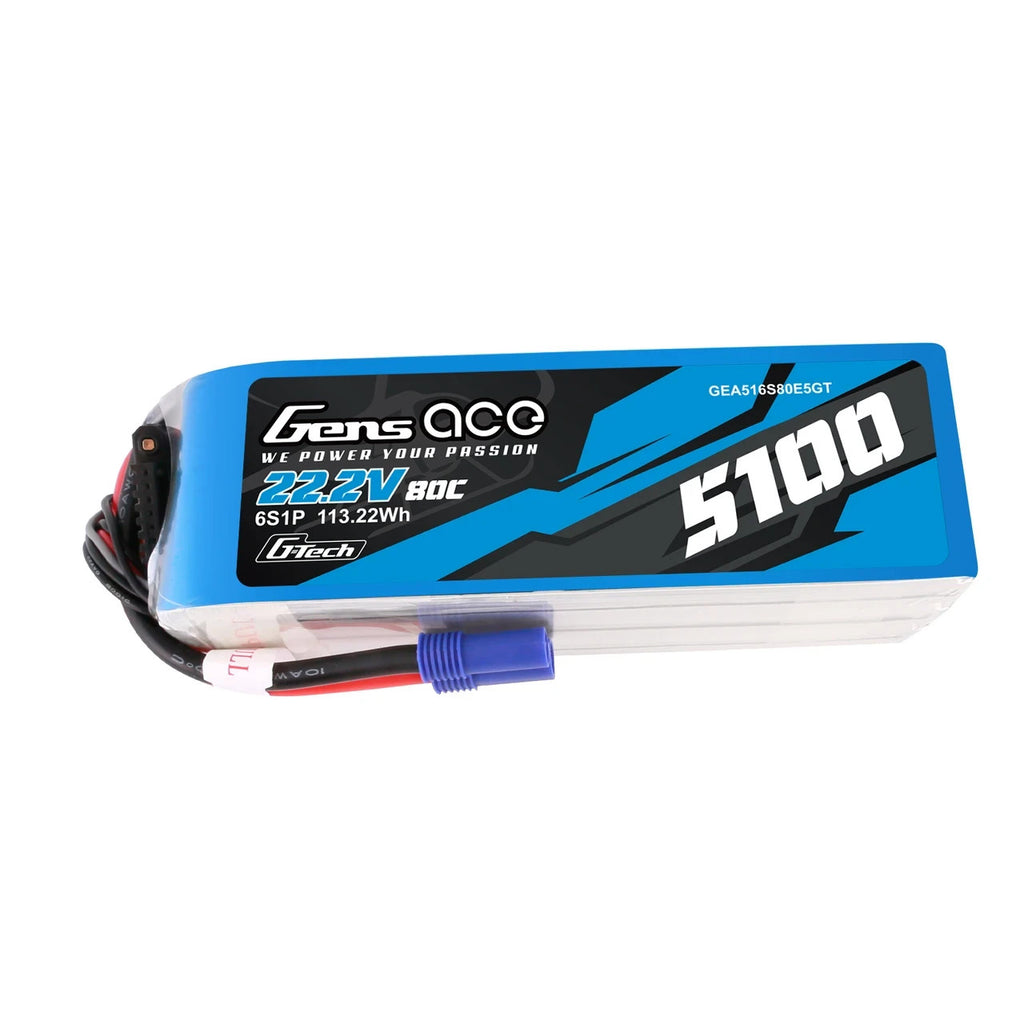 Gens Ace 5100mAh 6S 80C 22.2V Lipo RC Airplane / Helicopter Battery w/ EC5 Plug