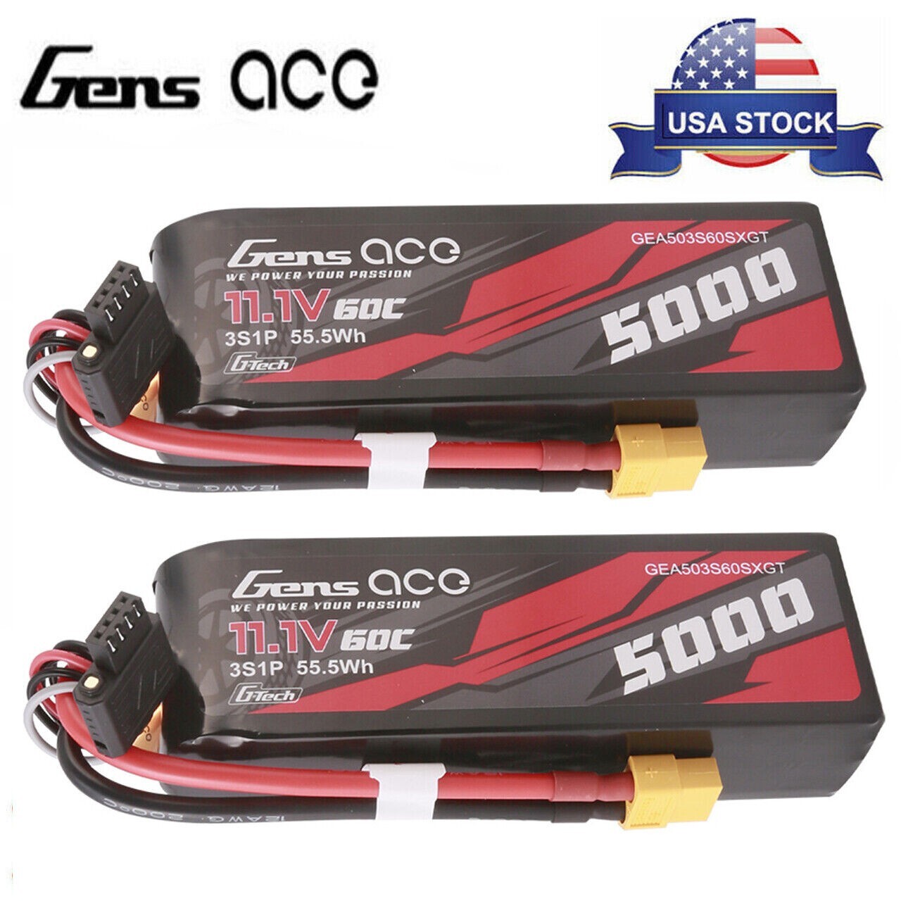 2x Gens Ace G-Tech 11.1V 60C 3S 5000mAh Lipo RC Car Battery Pack With XT60 Plug