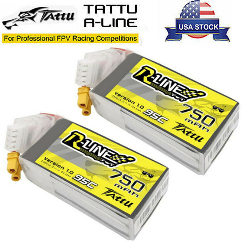 2x Tattu R-Line 11.1v 3s 750 95c Performance Racing Quad Drone Lipo Battery XT30