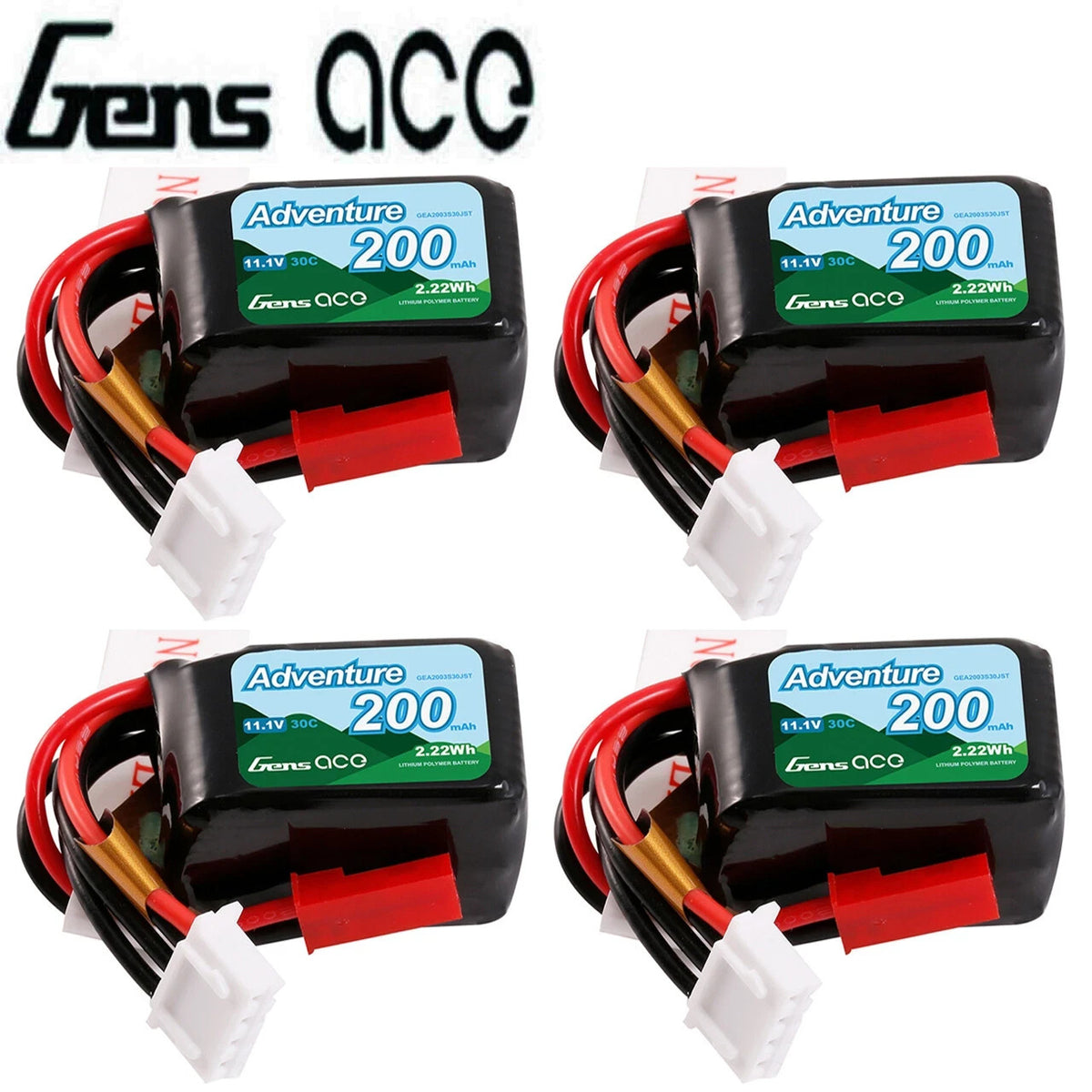4x Gens Ace 200mAh 3S 11.1V 30C Lipo RC Truck / Airplane Battery Pack JST Plug
