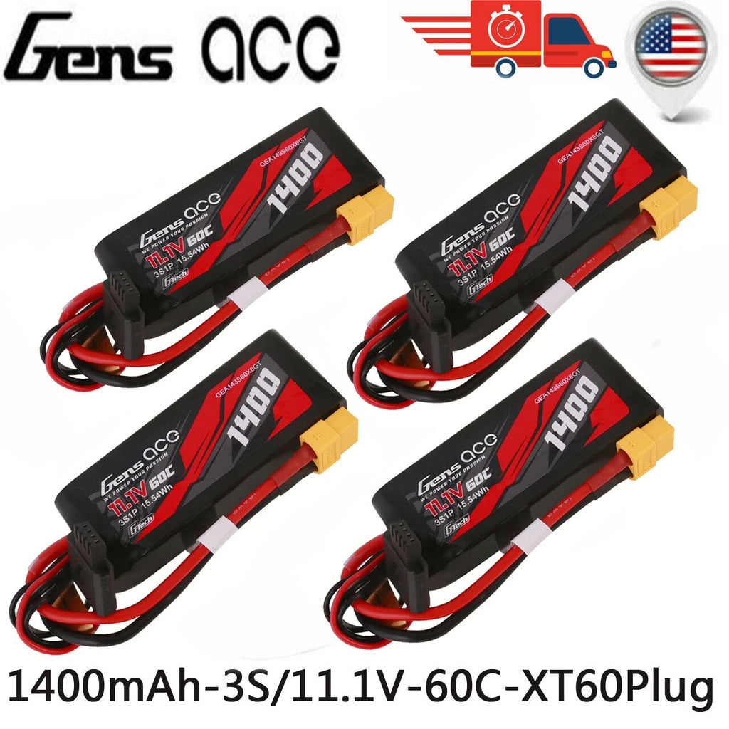 4X Gens Ace 1400mAh 11.1V 60C 3S G-Tech Lipo Battery XT60 For 1/16 Traxxas Cars