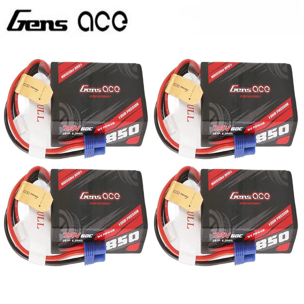 4x Gens Ace 850mAh 2S 7.4V 60C Lipo Battery Pack with EC2 Plug Mini LMT