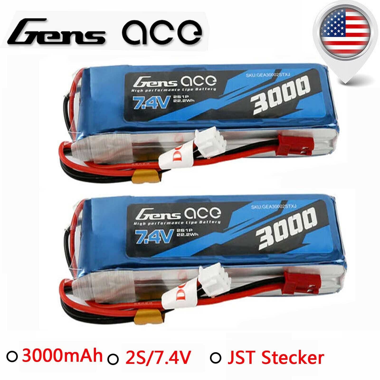 2x Gens Ace 2s 3000mAh 7.4V  TX Lipo Battery with JST Plug : FrSky Taranis X9d