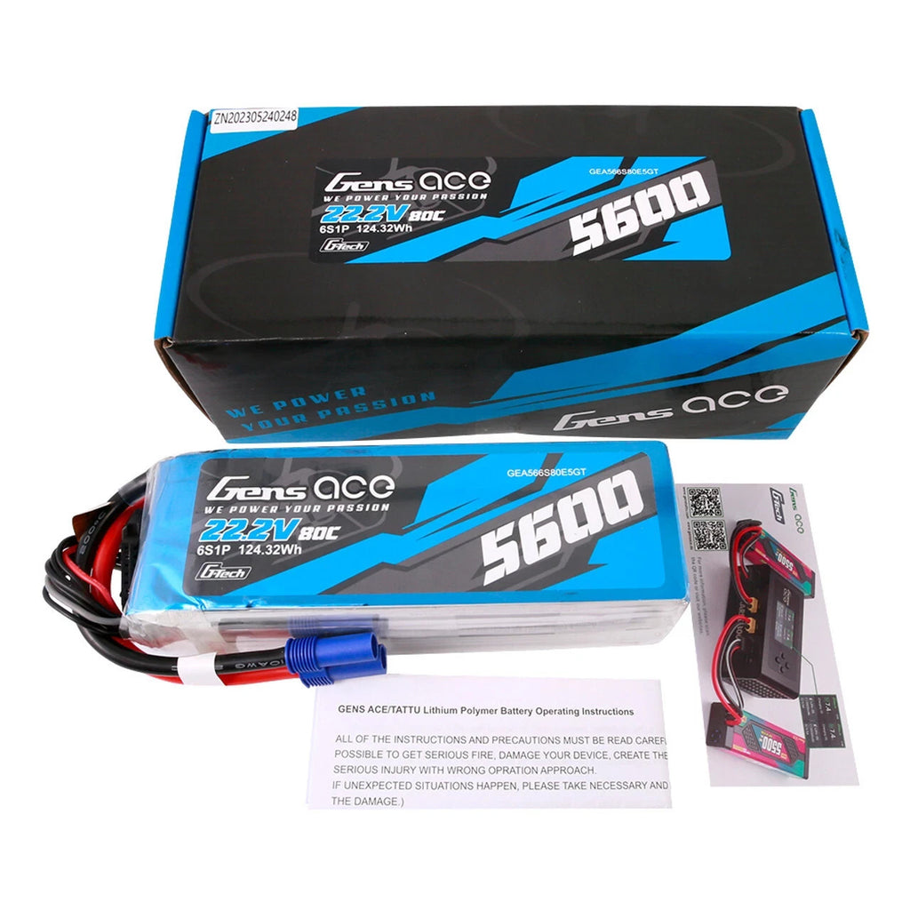 Gens Ace 5600mAh 22.2V 80C GTech 6S Lipo Battery EC5 For 700 Size RC Helicopter