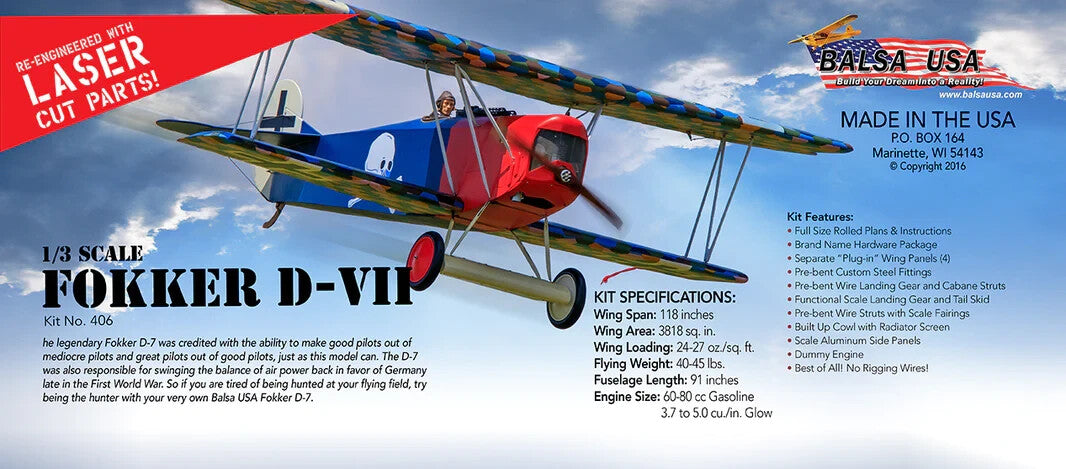 Balsa USA 1/3 Scale Fokker D-7 Remote Control Balsa Wood Airplane Kit #406
