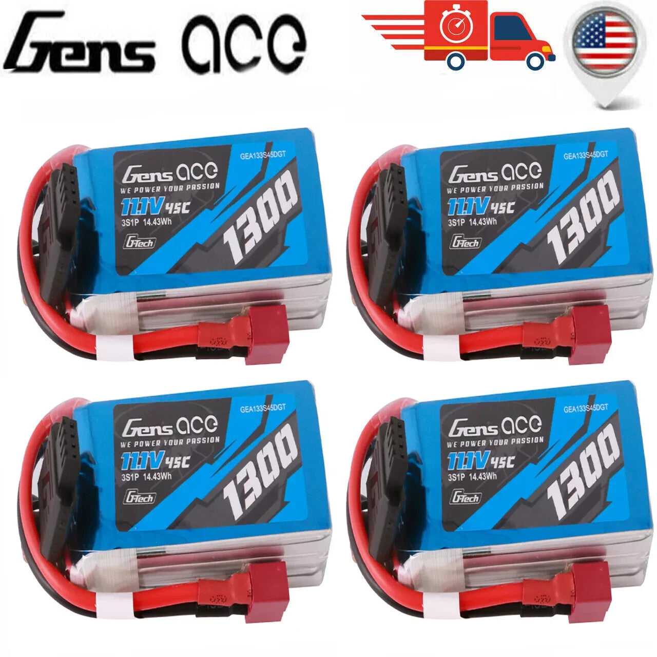4x Gens Ace G-Tech Smart 3S LiPo Battery 45C 11.1V/ 1300mAh GEA133S45DGT
