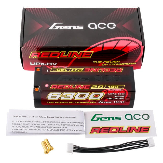 Gens Ace 6300mAh 4S 15.2V 140C HardCase Redline 2.0 Lipo Battery 5mm Bullet