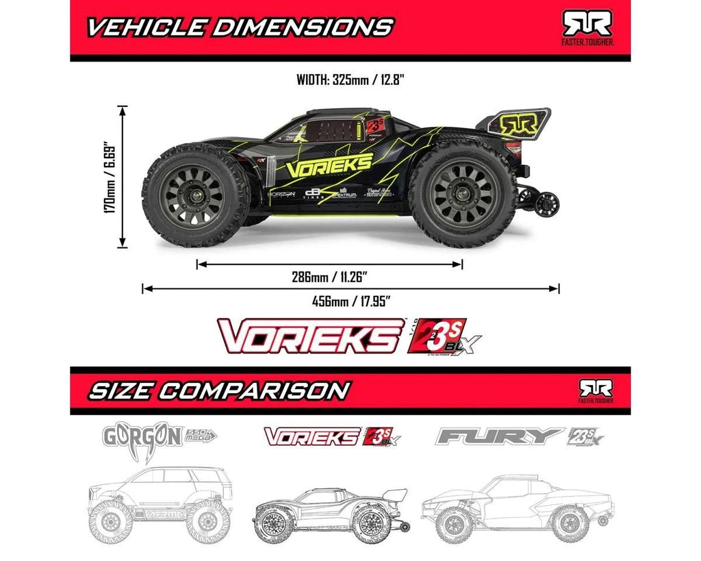 Arrma Vorteks 223S 1/10 BLX Brushless RTR RC 2WD Stadium Truck Yellow ARA3505T1