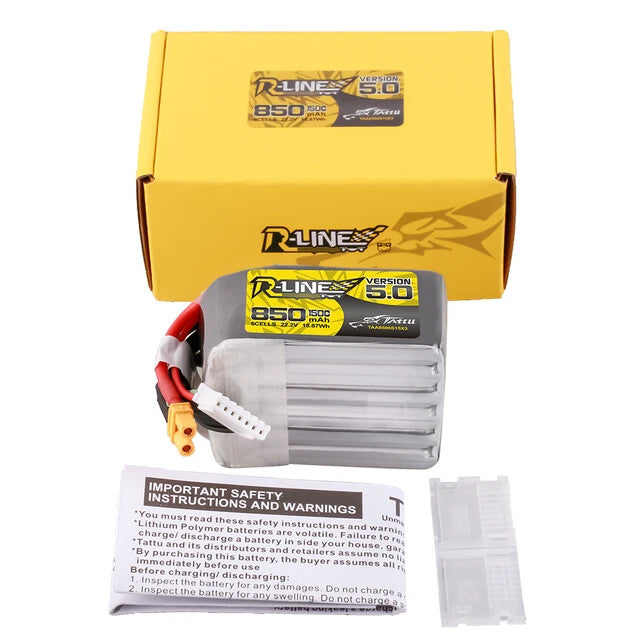 2x Tattu R-Line Version 5.0 850mAh 6S 22.2V 150C Lipo Battery Pack w/ XT30U Plug