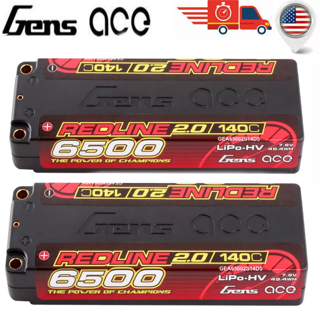 2xGens Ace 6500mAh 2S 7.6V 140C HardCase  Redline 2.0 Lipo Battery w/ 5mm Bullet