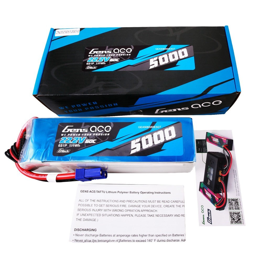 Gens Ace 5000mAh 22.2V 60C 6S Lipo Battery EC5 Plug For 600 700 Helicopter Drone