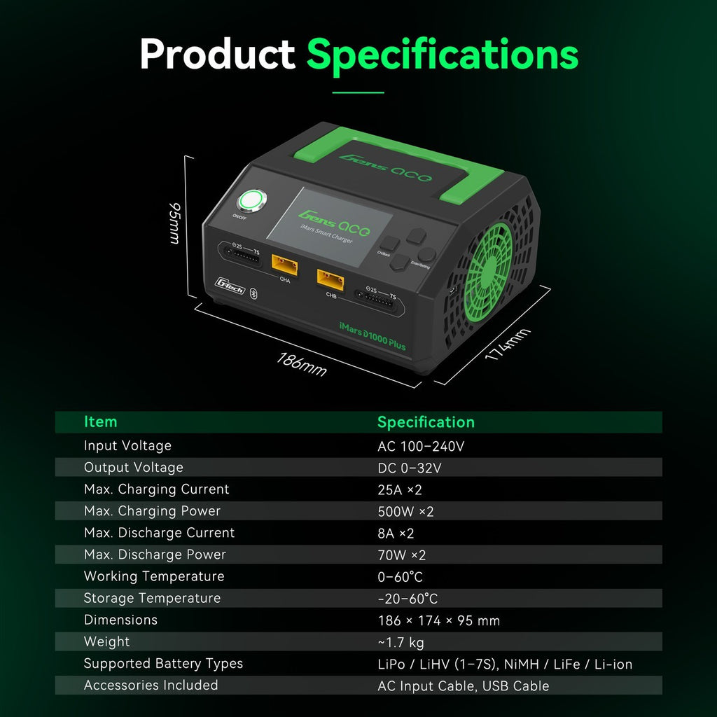 Gens Ace iMars D1000 Plus Smart RC Battery Charger Dual Channel AC 1000W  G-Tech