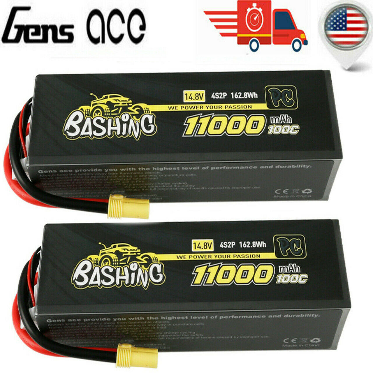 2x Gens Ace Bashing Pro 4s 14.8v 100C 11000mah Lipo Battery With EC5 Plug ARRMA