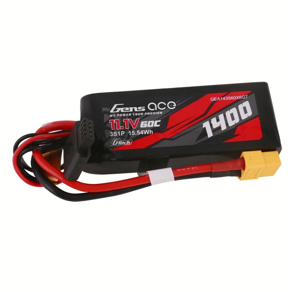 Gens Ace 1400mAh 11.1V 60C 3S G-Tech Lipo Battery XT60 For 1/16 Traxxas Cars