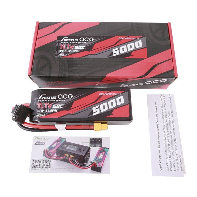 2x Gens Ace G-Tech 11.1V 60C 3S 5000mAh Lipo RC Car Battery Pack With XT60 Plug